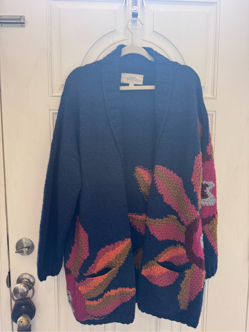Forever Amano handmade sheep's wool Navy Open-Front Floral Cardigan Sweater size